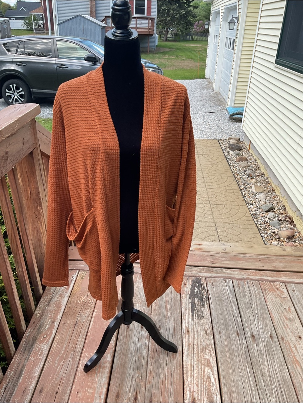 Rust Open-Front Waffle Knit Pocket Cardigan Sweater